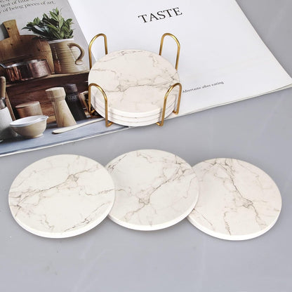 6 Pcs White Marble Coaster Set with Holder Best Absorbent Coasters Drink Stone Coasters Ceramic Wine Coasters Table Cup Coasters