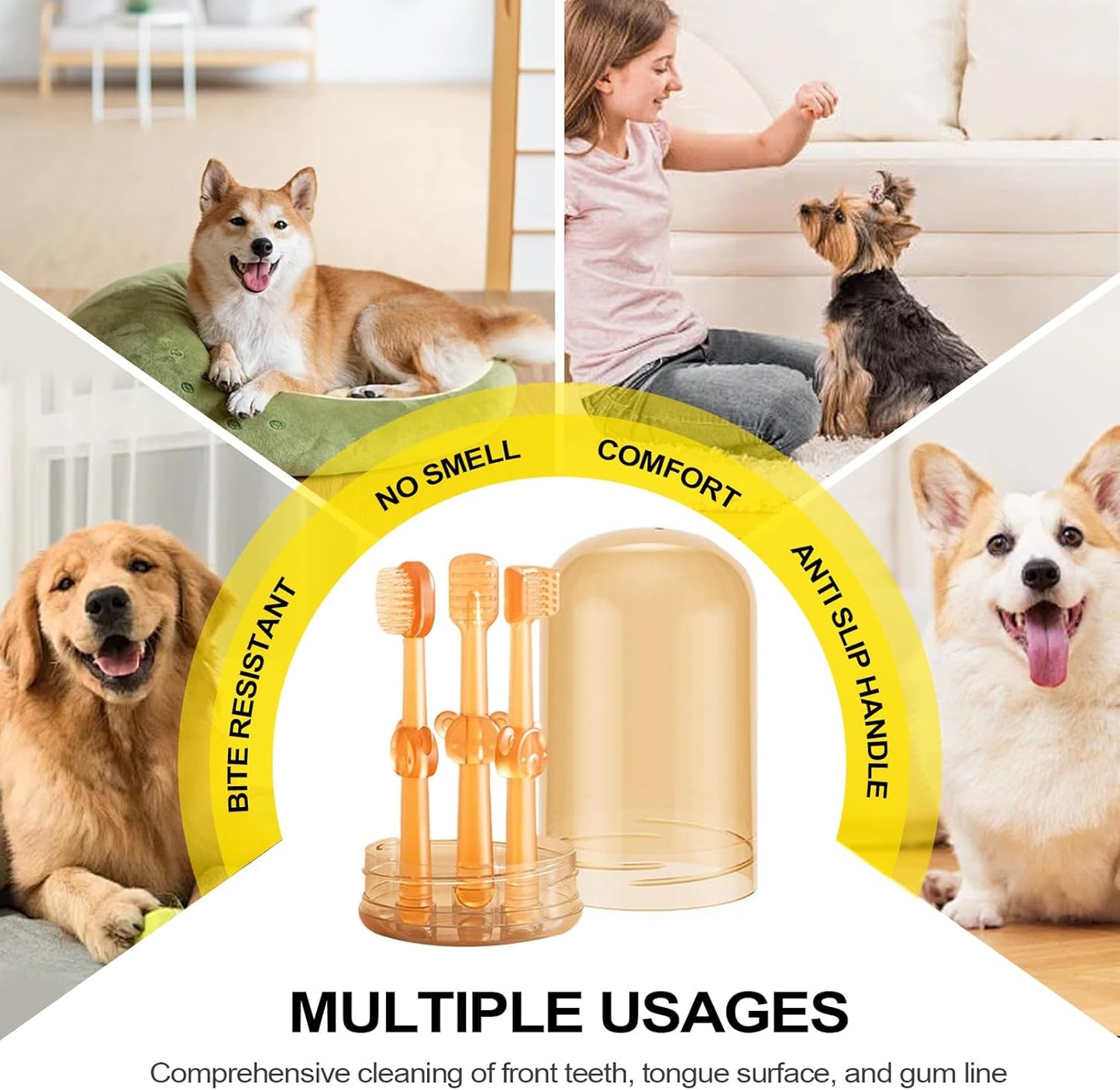 Dog Toothbrush, Soft Bristle Pet Oral Care Set, Compact Pet Teeth Cleaning Tool, 3.74 x 2.17 x 2.17 inches Portable Puppies Toothbrush Gentle Hygiene for Small Breeds