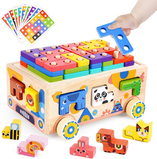 Uandhome Montessori Toys for 2 3 Year Old Toddler,Wooden Building Blocks Educational Toys Kids, Animals Shape Sorting Stacking Learning Toys for Toddlers, Christmas Birthday Gifts for Girls Boys