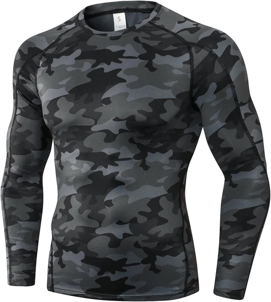 Men's Compression Shirt Long Sleeve Athletic Workout T-Shirts Top Active Sport Baselayer Undershirt Gear Shirt Dry Fit, Crewneck-camo Black, Medium
