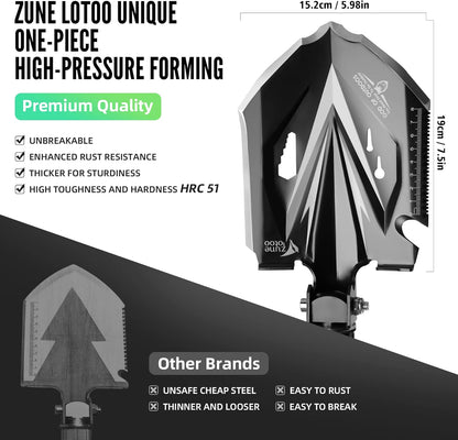 Zune Lotoo Tactical Shovel Survival Tool, 18 in 1 Small Camping Folding Multitool Compact Entrenching Tool Heavy Duty for Hiking Backpack Emergency Spade Lightweight Car Truck Gift Survivalist,Black