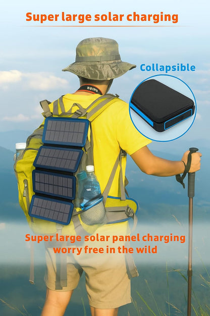 Yukaione 16000mAh Solar Power Bank with LED Light, Foldable 3-Panel Solar Charger, 5W Wireless Charging, USB-C Output, Waterproof Dustproof Shockproof Portable Battery (Blue)