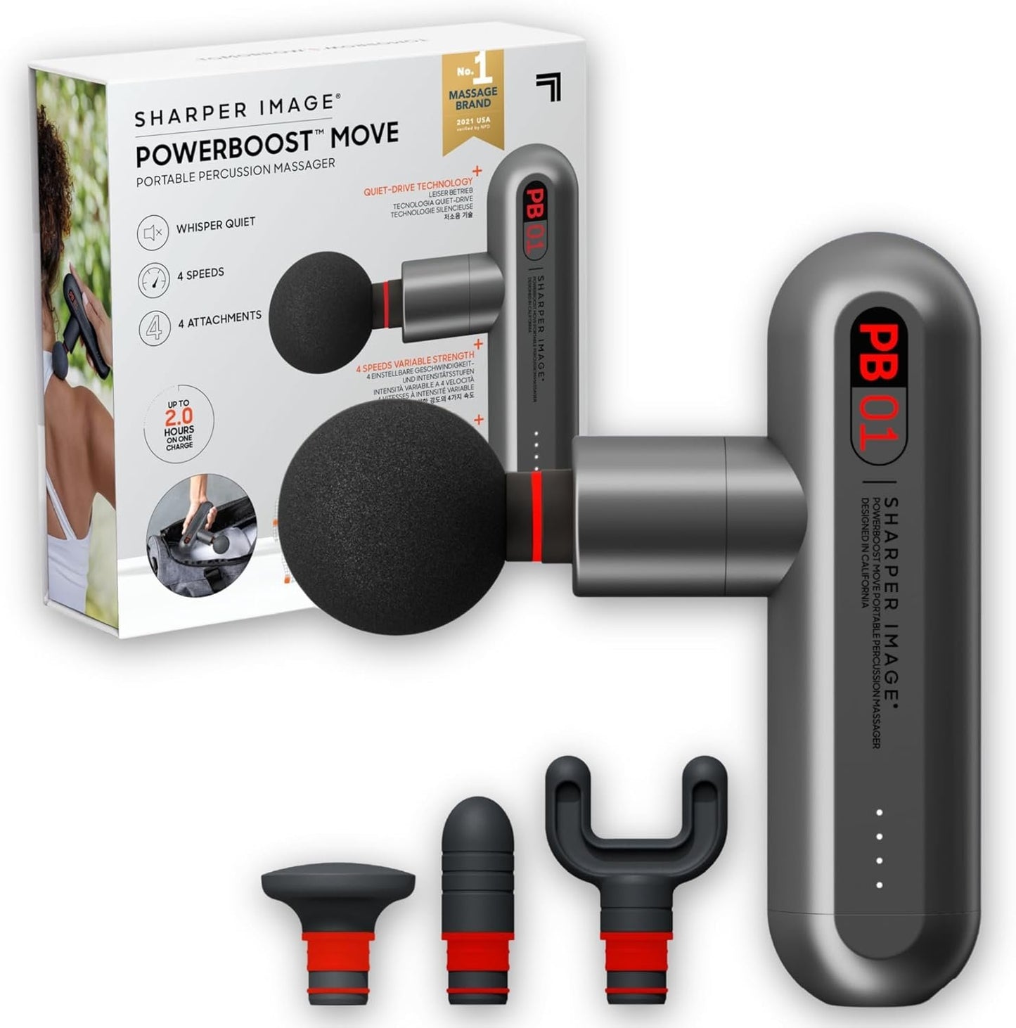 Sharper Image Deep Tissue Portable Percussion Massage Gun, Powerboost Move Full Body, Back & Neck Muscle Massager with 4 Attachments - Handheld Rechargeable Electric Massage Gun for Athletes