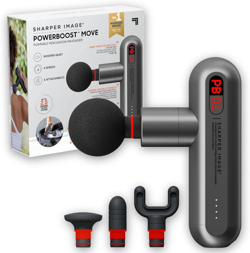 Sharper Image Deep Tissue Portable Percussion Massage Gun, Powerboost Move Full Body, Back & Neck Muscle Massager with 4 Attachments - Handheld Rechargeable Electric Massage Gun for Athletes