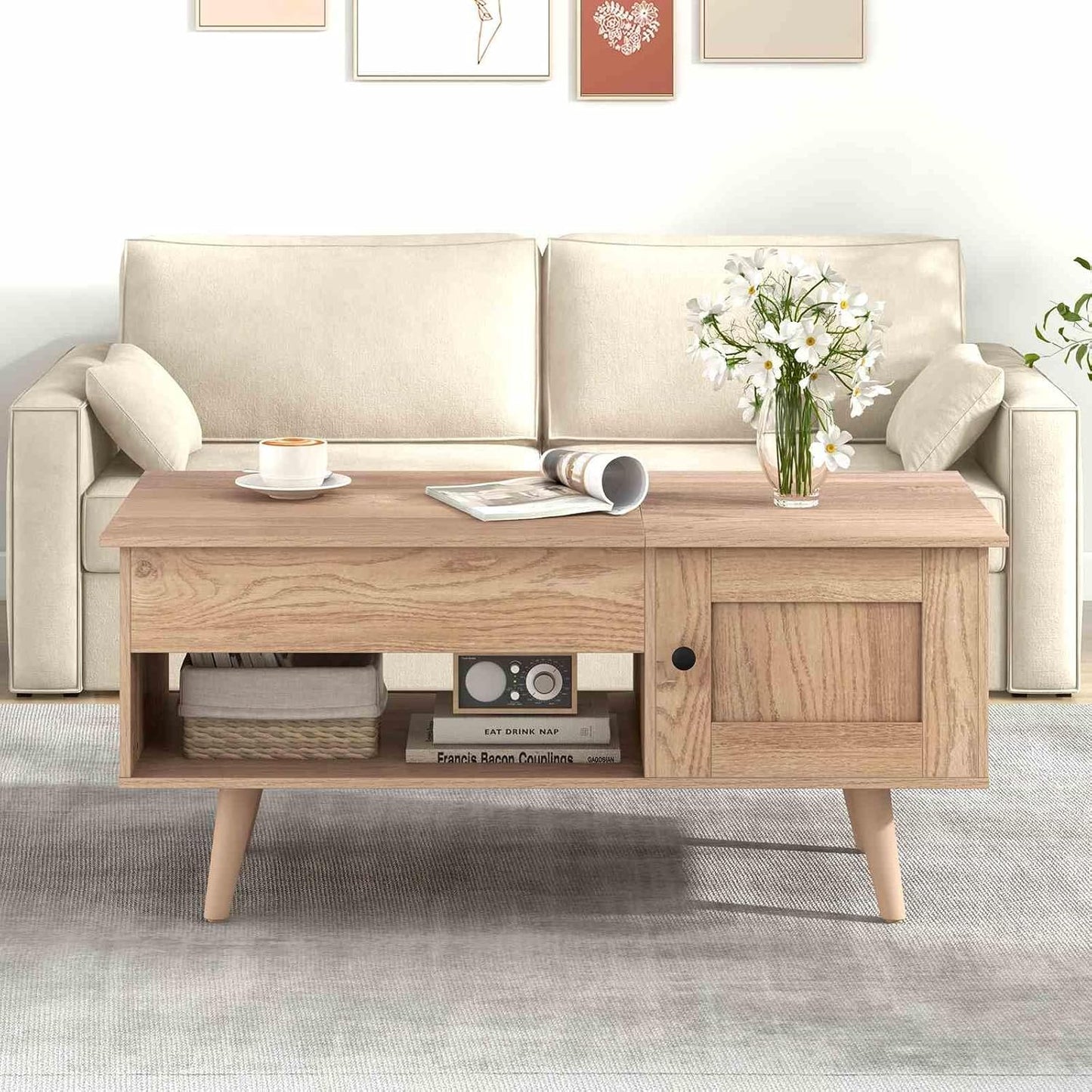 Costway Lift-Top Coffee Table, Flip Top Center Table, Small Coffee Table with Hidden Storage & Open Shelf, Convertible Office Table, Lift Tabletop Dining Table for Living Room (Natural)