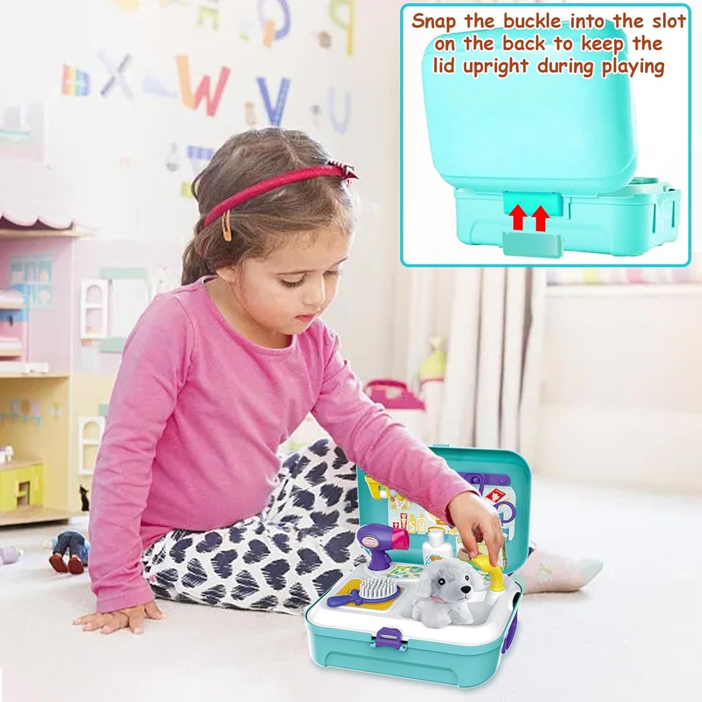 TEUVO Pet Care Play Set Pretend Play Vet Kit for Kids, 16Pcs Doctor Pretend Play Vet Dog Grooming Toys Puppy Dog Carrier Feeding Dog Educational Backpack Gifts for Girls Boys 3-7 Years Old