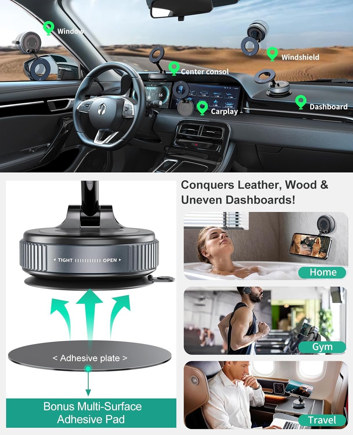 Vacuum Magnetic Car Phone Holder for MagSafe, 360°Magnetic Phone Holder for Car Hands-Free Suction Cup Car Phone Holder Mount for Car/Gym/Mirror/Shower, Cell Phone Holder for iPhone 16 15 14 Android
