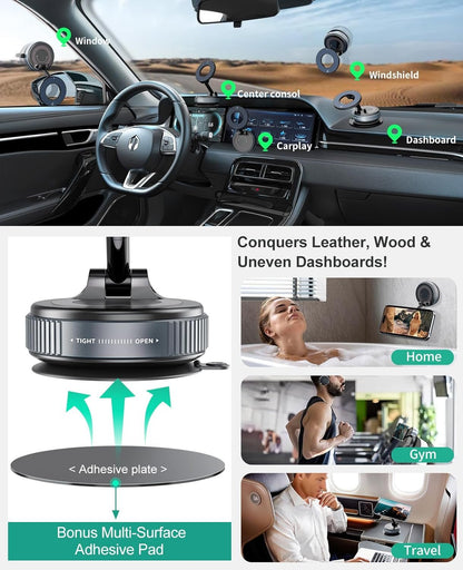 Vacuum Magnetic Car Phone Holder for MagSafe, 360°Magnetic Phone Holder for Car Hands-Free Suction Cup Car Phone Holder Mount for Car/Gym/Mirror/Shower, Cell Phone Holder for iPhone 16 15 14 Android