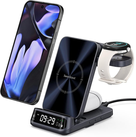 SwanScout Wireless Charger for Pixel Watch 3/2/Fitbit Versa 4/3/Sense 2 (Not for Pixel Watch 1), 3 in 1 Charging Station for Google 9 Pro Fold/9a/9 Pro/9/8 Pro/8A/7/6/5/4, SwanScout 708G2 (No Adapter)