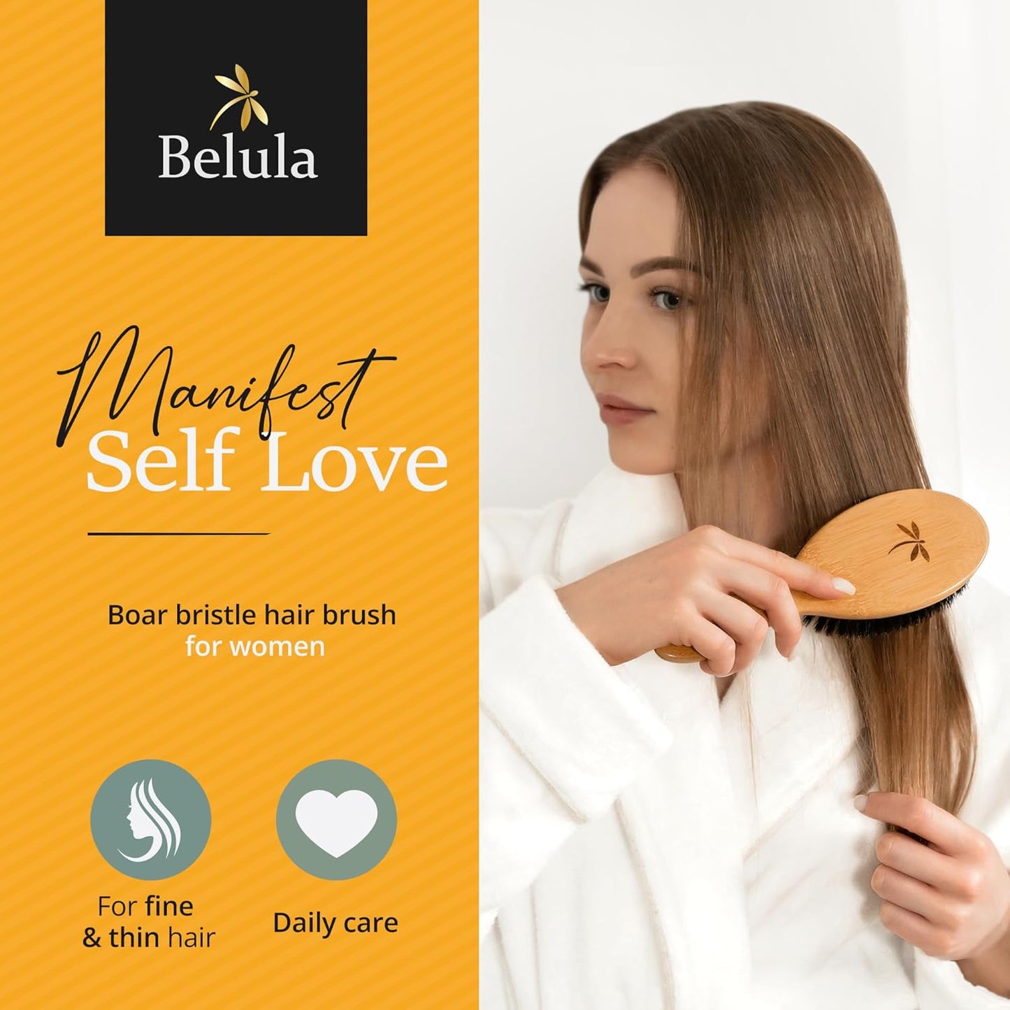 Belula 100% Boar Bristle Hairbrush Set. Soft Natural Bristles for Thin and Fine Hair. Restore Shine And Texture. Wooden Comb, Travel Bag and Spa Headband Included!