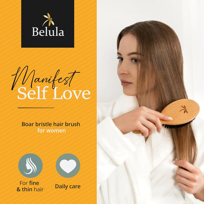 Belula 100% Boar Bristle Hairbrush Set. Soft Natural Bristles for Thin and Fine Hair. Restore Shine And Texture. Wooden Comb, Travel Bag and Spa Headband Included!