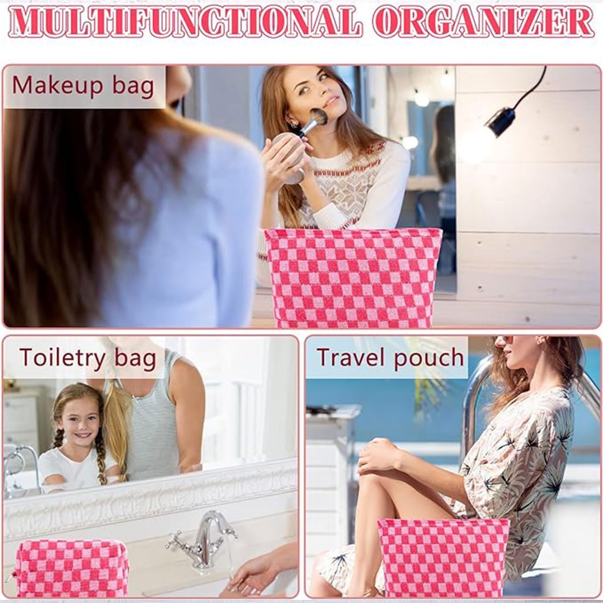 AIMALL 2PCS Checkered Makeup Bag for Purse - Portable Zipper Cosmetic Pouch, Small Travel Case for Accessories, 9.84in & 6.7in