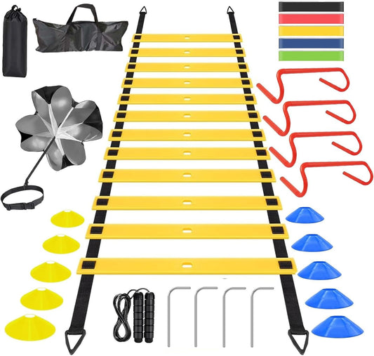 Allucky Speed & Agility Training Set Agility Ladder Speed Training Equipment-20ft Agility Ladder,10 Soccer Cones,4 Hurdles, Jump Rope, Running Parachute Basketball Football Soccer Training Equipment