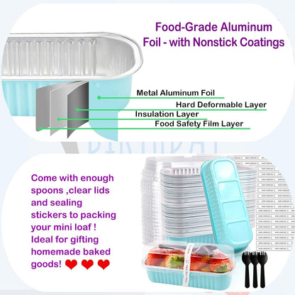 50 Pack Mini Loaf Pans with Lids and Spoons, 6.8 Oz Mini Cake Pans with Lids for Baking, Disposable Rectangle Aluminum Foil Loaf Pan with Stickers，Small Cake Containers Tin（Blue）