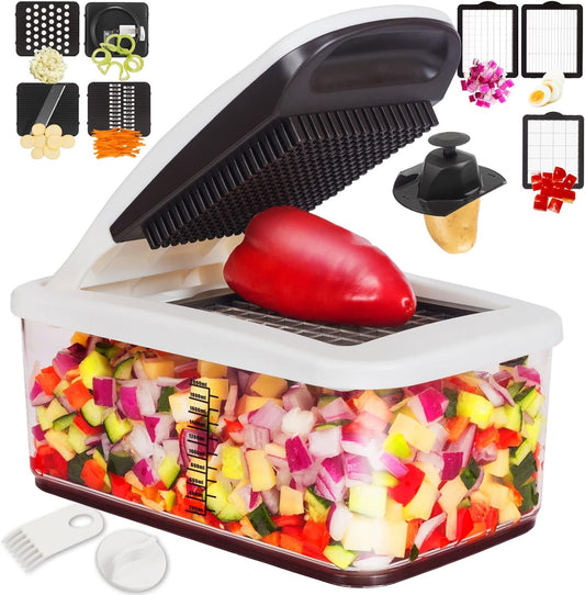 RüK Vegetable Chopper, Extra Large Pro Food Chopper, Multi 10-in-1 Onion Chopper Vegetable Cutter, 6 Blades, 4 Vegetable Spiralizers for Salad Potato Carrot with 2.6-Quart Container & E-Recipes