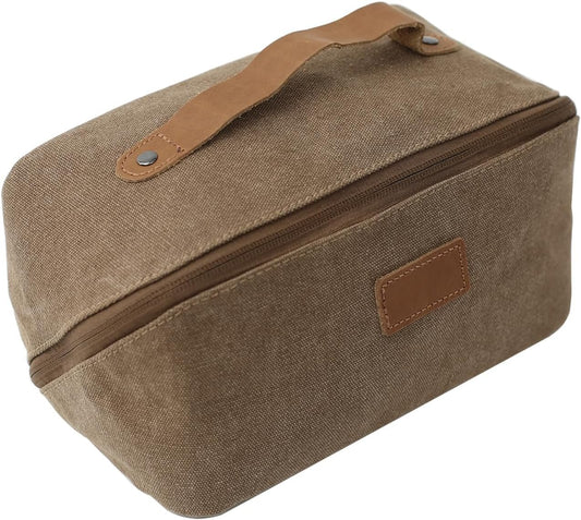 PAHVRION Canvas Toiletry Bag for Women with Genuine Leather Handle,Travel Dopp Kit,Shaving Kit Bag for Men,Water Resistant Hygiene Dopp Kit, Coffee, Non-customized