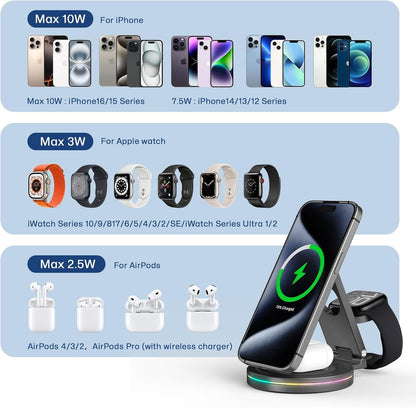 3 in 1 Wireless Charger Station for iPhone & Apple Watch & AirPods, 360 Rotating 10W Fast Charging Station Compatible with iPhone 12-16 Series Zinc Alloy Foldable Charger Stand with Magnetic