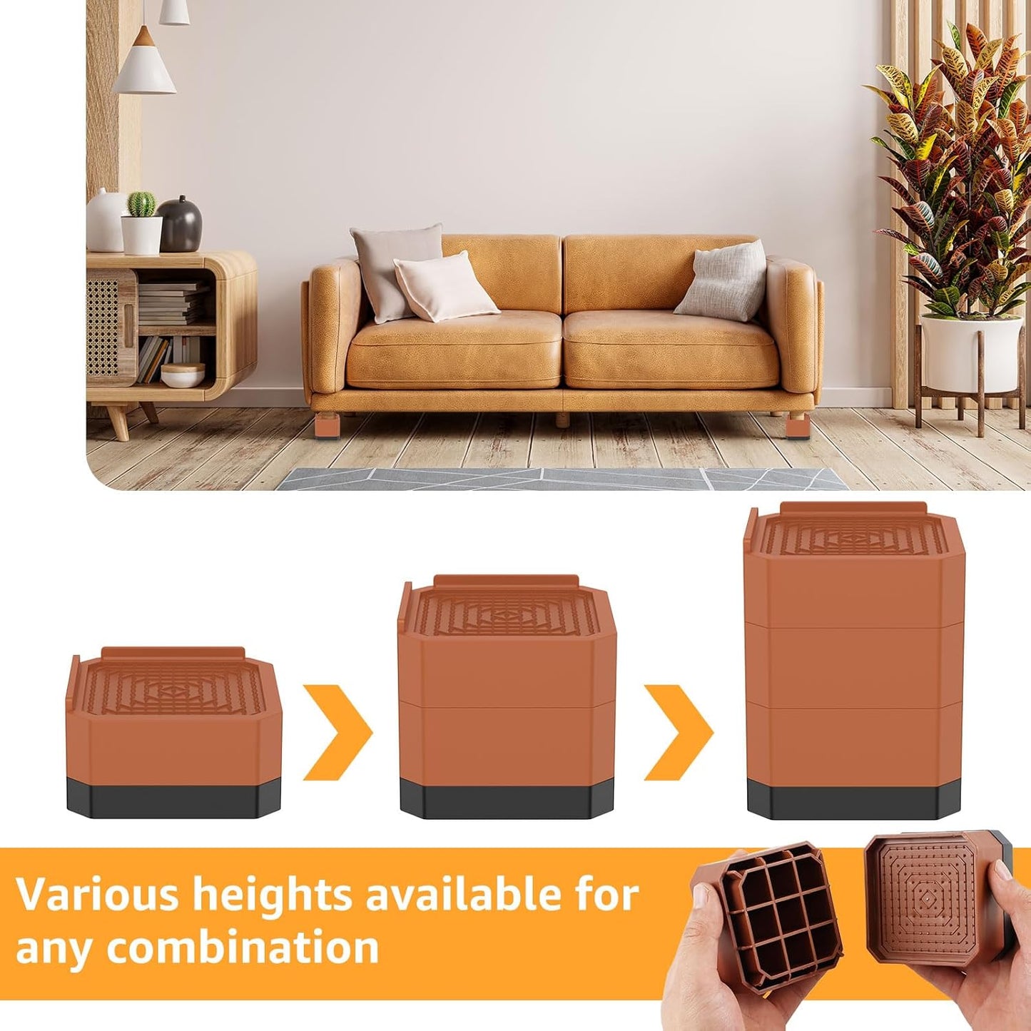 Bed Risers 3-Layer Detachable Adjustable Furniture Risers, Heavy-Duty Stackable Bed Lifts Risers, Durable & Stable Table Couch Sofa Bed Risers Detachable Bed Risers, Reusable Bed Risers (Brown)