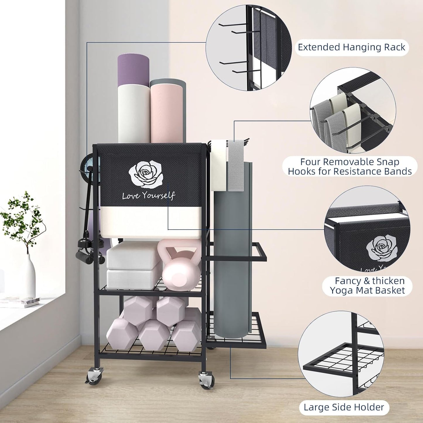 Yoga Mat Storage Rack, Home Gym Equipment Organizer on Wheels - Fitness Weight Rack for Mats, Blocks, Foam Rollers, Resistance Bands, Dumbbells, Kettlebells and More