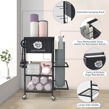 Yoga Mat Storage Rack, Home Gym Equipment Organizer on Wheels - Fitness Weight Rack for Mats, Blocks, Foam Rollers, Resistance Bands, Dumbbells, Kettlebells and More