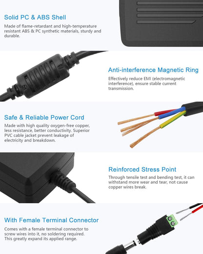 ALITOVE 12V Power Supply 5A 12 Volt DC 60W Power Adapter 100~240V AC to DC 12V Converter 5amps 4A 3A Low Voltage Transformer LED Driver with 5.5 x 2.5mm 2.1mm Plug for LED Light CCTV Camera, 2pack
