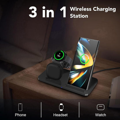 3 in 1 Wireless Charger, Fast Wireless Charging Station Stand for Samsung Galaxy S25/S24/S23/S22/S21/S20/S10,Note20/10/9, Galaxy Buds Pro/Live, Galaxy Watch7/6/5 Pro/5/4/3/Active 2