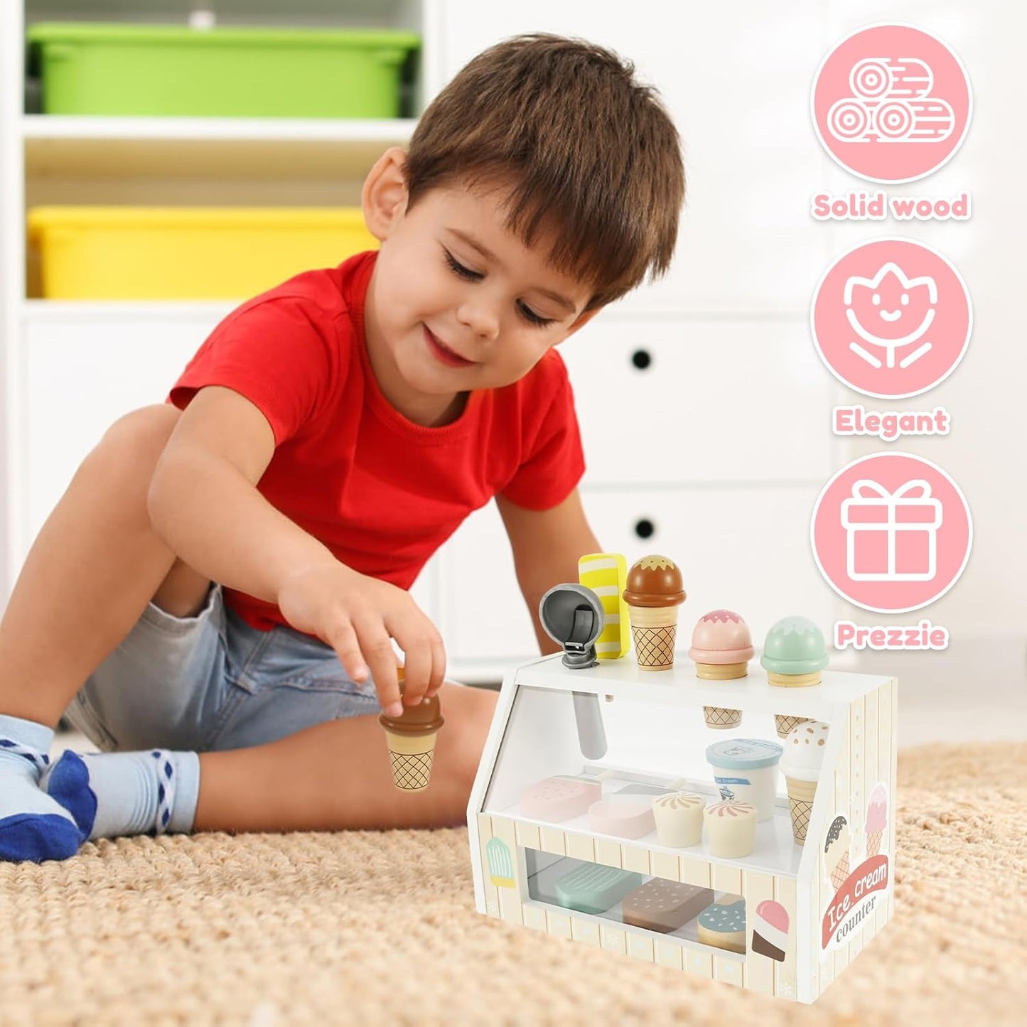 Wooden Ice Cream Toys, Wood Ice Cream Counter Play Set, Play Store Pretend Toy for Toddlers, Ice Cream Counter Shop with Spoon, Play Kitchen Accessories for Kids