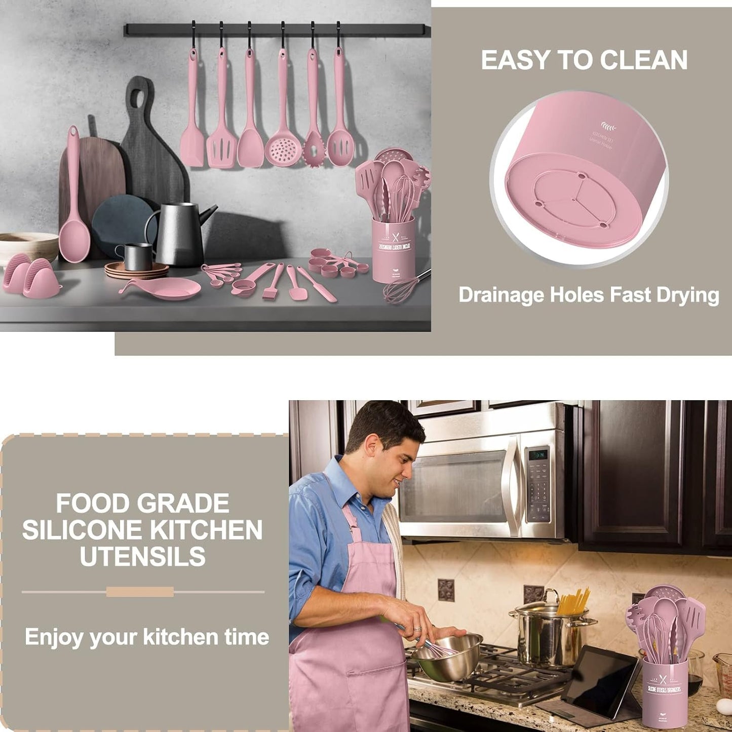 Silicone Cooking Kitchen Utensil Set, AIKKIL 43 Pcs Heat Resistant Cooking Utensils Set, Turner, Tongs, Spoon, Spatula, Kitchen Gadgets Tools Set for Nonstick Cookware, Pink(Dishwasher, BPA Free)