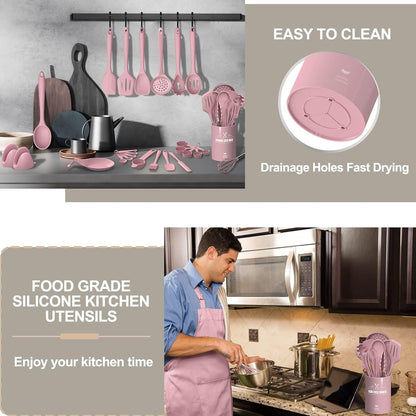 Silicone Cooking Kitchen Utensil Set, AIKKIL 43 Pcs Heat Resistant Cooking Utensils Set, Turner, Tongs, Spoon, Spatula, Kitchen Gadgets Tools Set for Nonstick Cookware, Pink(Dishwasher, BPA Free)