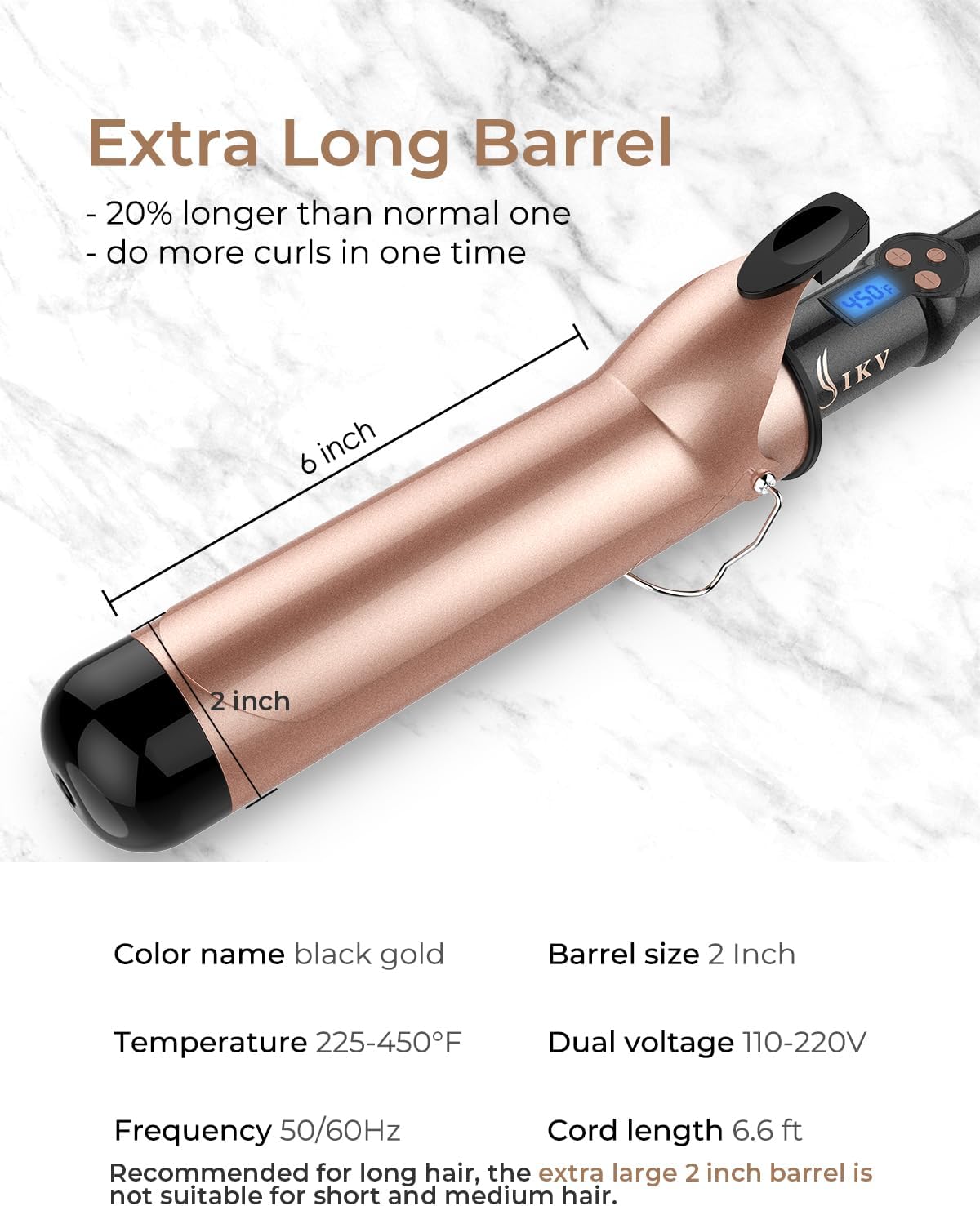 2 Inch Extra Long Barrel Curling Iron for Long Hair, Large Barrel Curling Wand Ceramic Tourmaline Dual Voltage