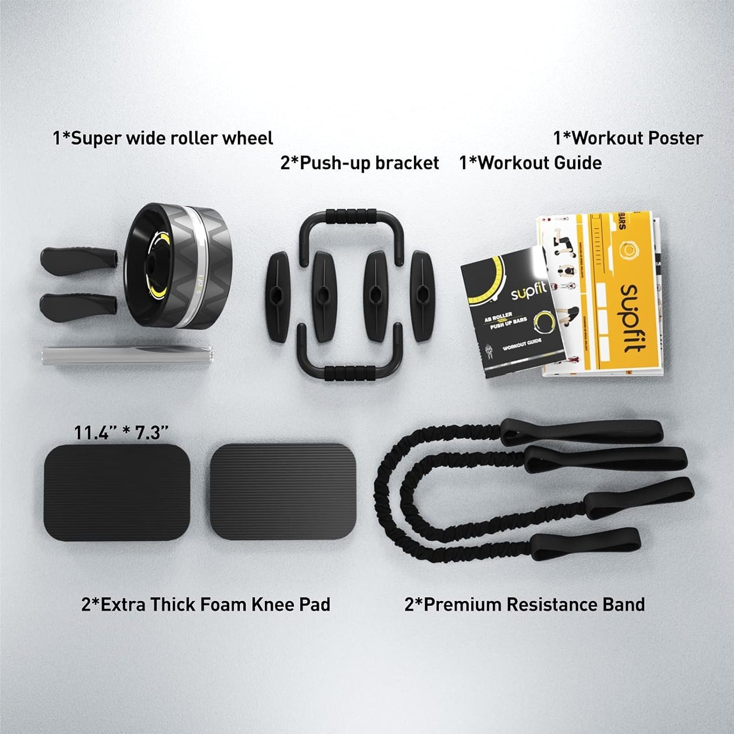 SUPFIT Ab Roller Wheel, 6 in 1 Ab Roller kit with Knee Pads, Push-Up Bars, Resistance Bands, Workout Poster, Workout Guide, Perfect Home Gym Equipment for Men Women Abdominal Exercise
