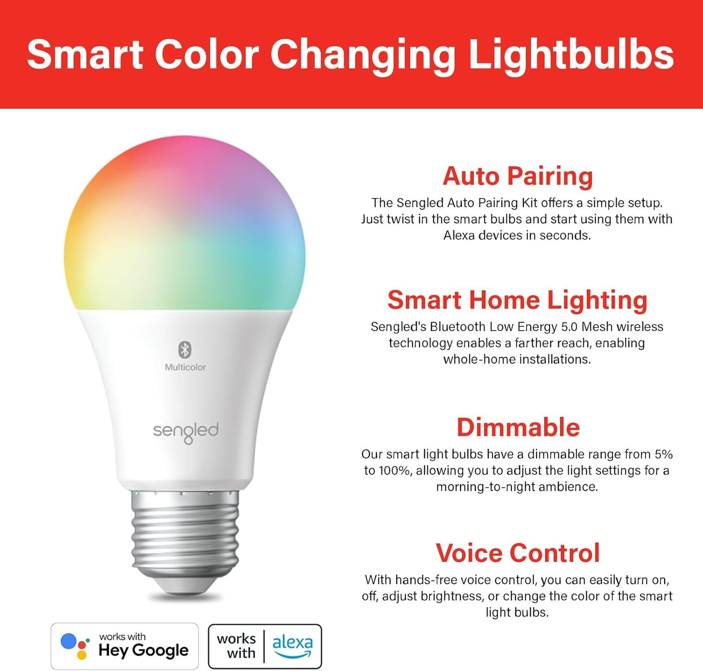 Sengled Smart Light Bulbs, Color Changing Alexa Light Bulb Bluetooth Mesh, Smart Bulbs That Work with Alexa Only, Dimmable LED Bulb A19 E26 Multicolor, High CRI, High Brightness, 8.7W 800LM, 1Pack