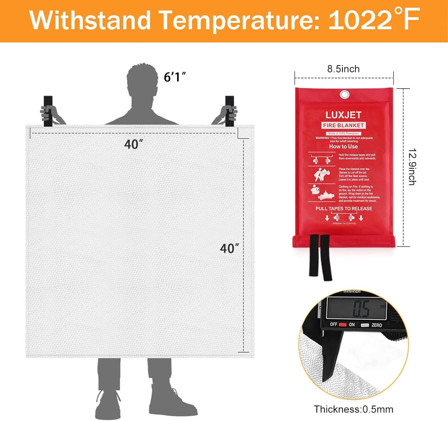 LUXJET Fire Blanket Kitchen, 4 Pack Fiberglass Fire Retardant Blanket Emergency Survival Safety Cover for Kitchen, Survival Gear, Construct, Gas Station, Warehouse