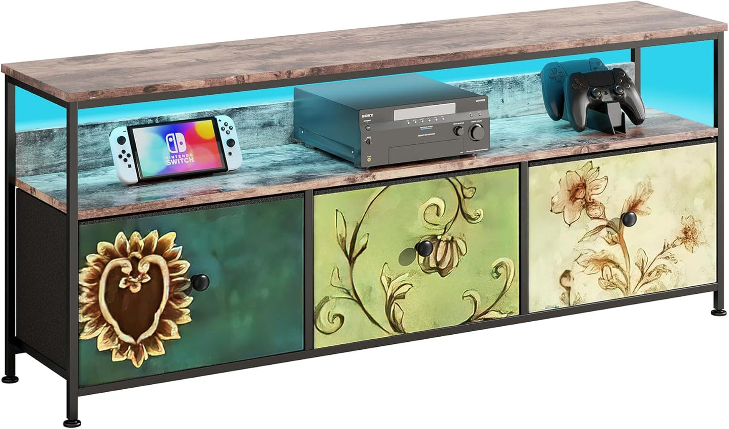MISNODE TV Unit Unit with LED Lighting and Fabric Drawers and Shelves TV Cabinet Low for Living Room Bedroom (Colorful, Large, 3 Drawers)
