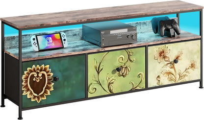 MISNODE TV Unit Unit with LED Lighting and Fabric Drawers and Shelves TV Cabinet Low for Living Room Bedroom (Colorful, Large, 3 Drawers)
