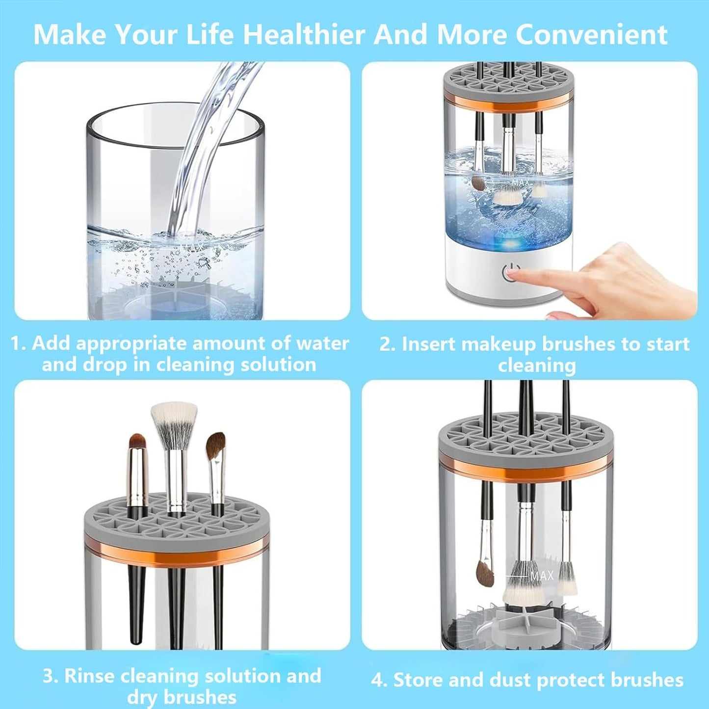 Makeup Brush Cleaner Machine, Portable Electric Makeup Brush Cleaner, Efficient Deep Cleaning Makeup Brushes, Automatic Spinning Make Up Brush Cleaner Fit for All Size Cosmetic Brush (Grey)