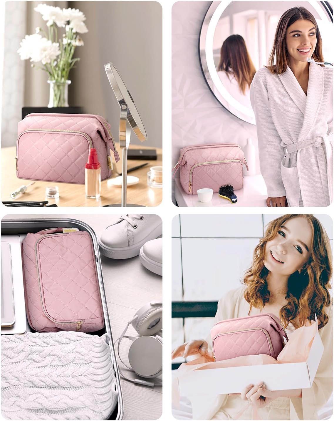 Wandering Nature Makeup Bag,Quilted Make up Bags for Women,Wide-Open Cosmetic Bag, Large Makeup Organizer Case, Travel Pouch for Travel Essentials Toiletries Accessories Brushes, Pink Patent Pending