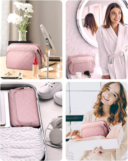 Wandering Nature Makeup Bag,Quilted Make up Bags for Women,Wide-Open Cosmetic Bag, Large Makeup Organizer Case, Travel Pouch for Travel Essentials Toiletries Accessories Brushes, Pink Patent Pending