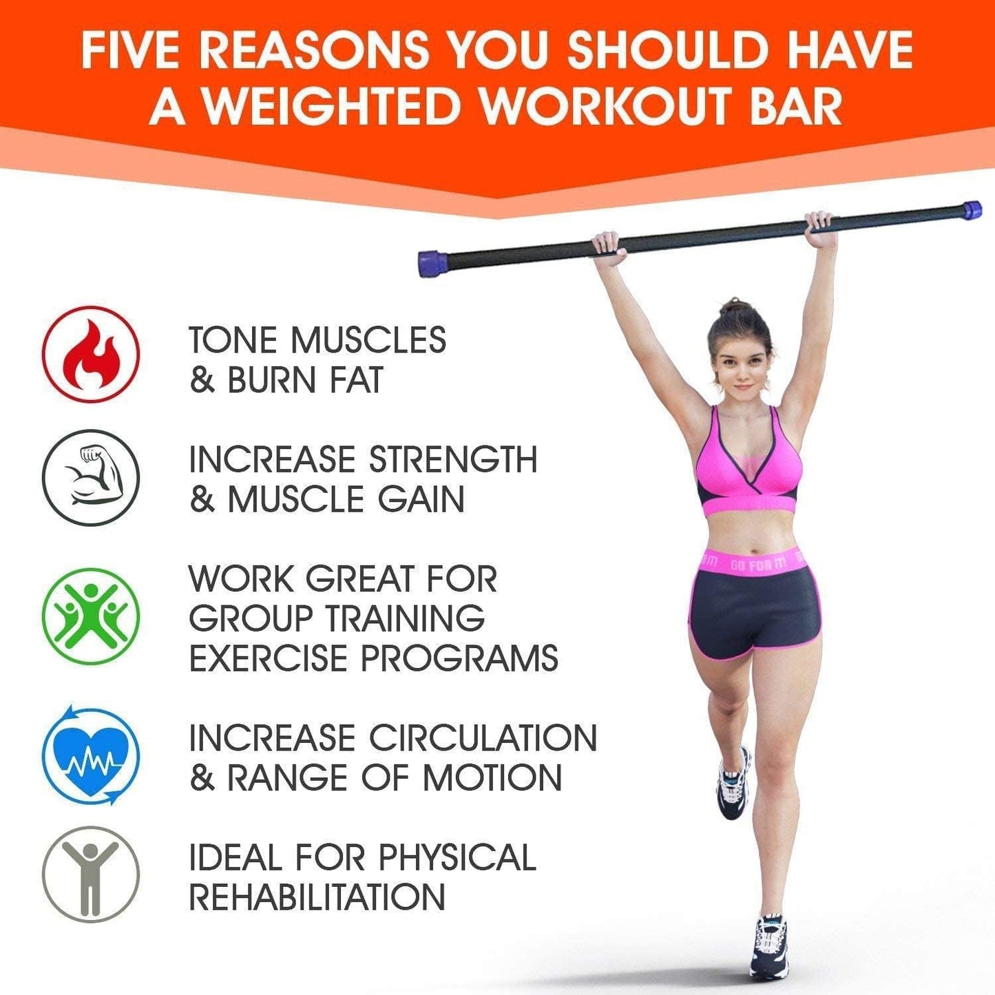HCE Weighted Workout Gym Bar, Aerobics Bar, Solid Steel Padded Fitness Body Bar - Training Exercise Equipment Gear