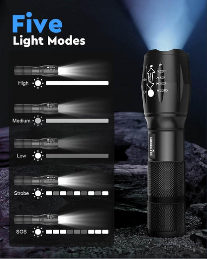 wowlite Tactical Flashlight, Wowlite Ultra Bright XML T6 LED Torch with 5 Light Modes & Adjustable Focus for Emergency Camping Hiking (2 Pack)