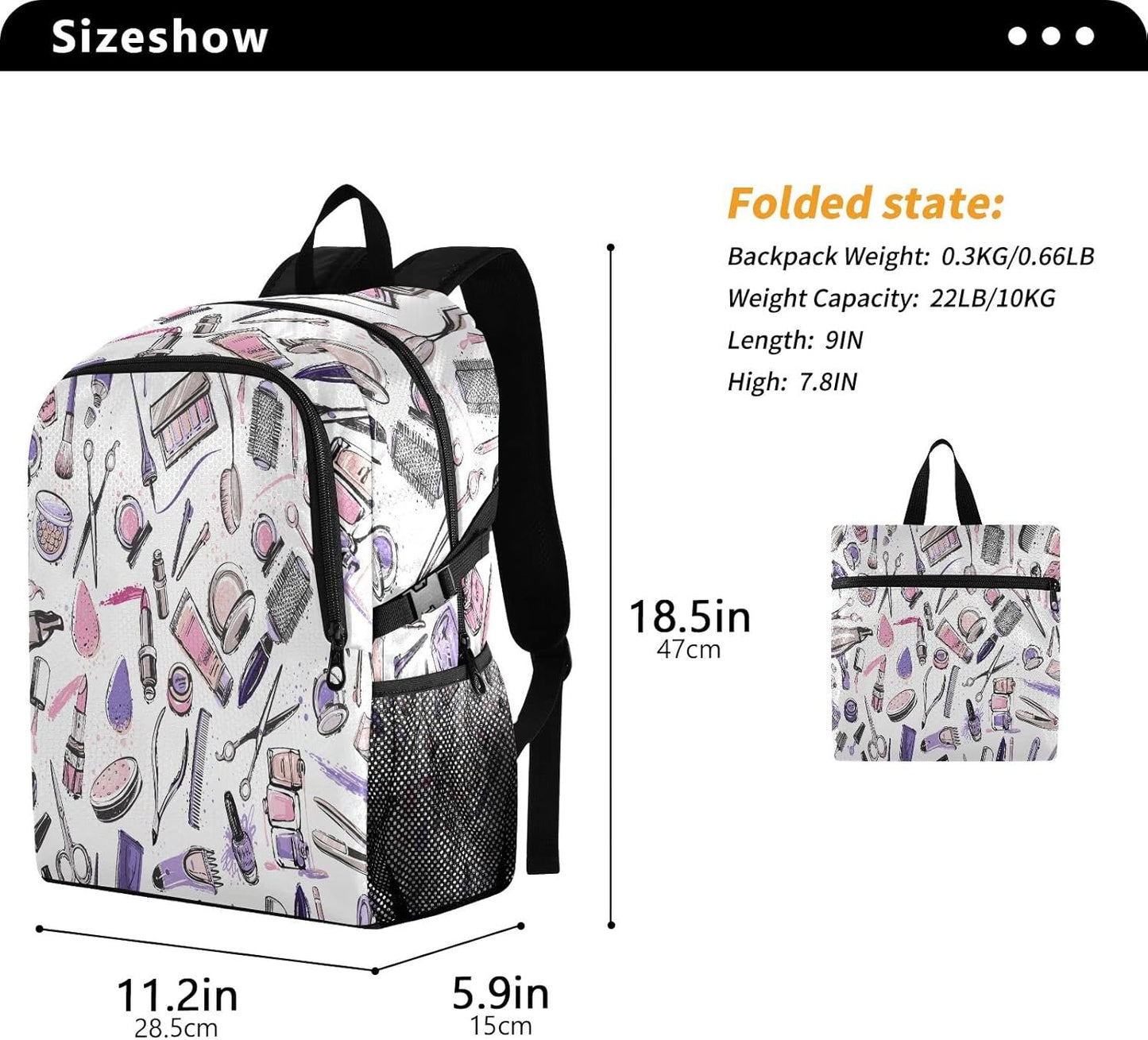 Blueangle Hairdressing Gear Pattern Backpack Lightweight Foldable Travel Camping Hiking Outdoor Sports Waterproof Backpack (423), Hairdressing Equipment Pattern, 11.2*5.9*18.5in, Hairdressing Equipment Pattern, 11.2*5.9*18.5in