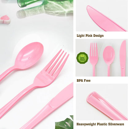 150 Pack Light Pink Plastic Disposable Heavy Duty Utensil Set - 50 Forks, 50 Knives, 50 Spoons for Pink Party Decorations Wedding Birthday