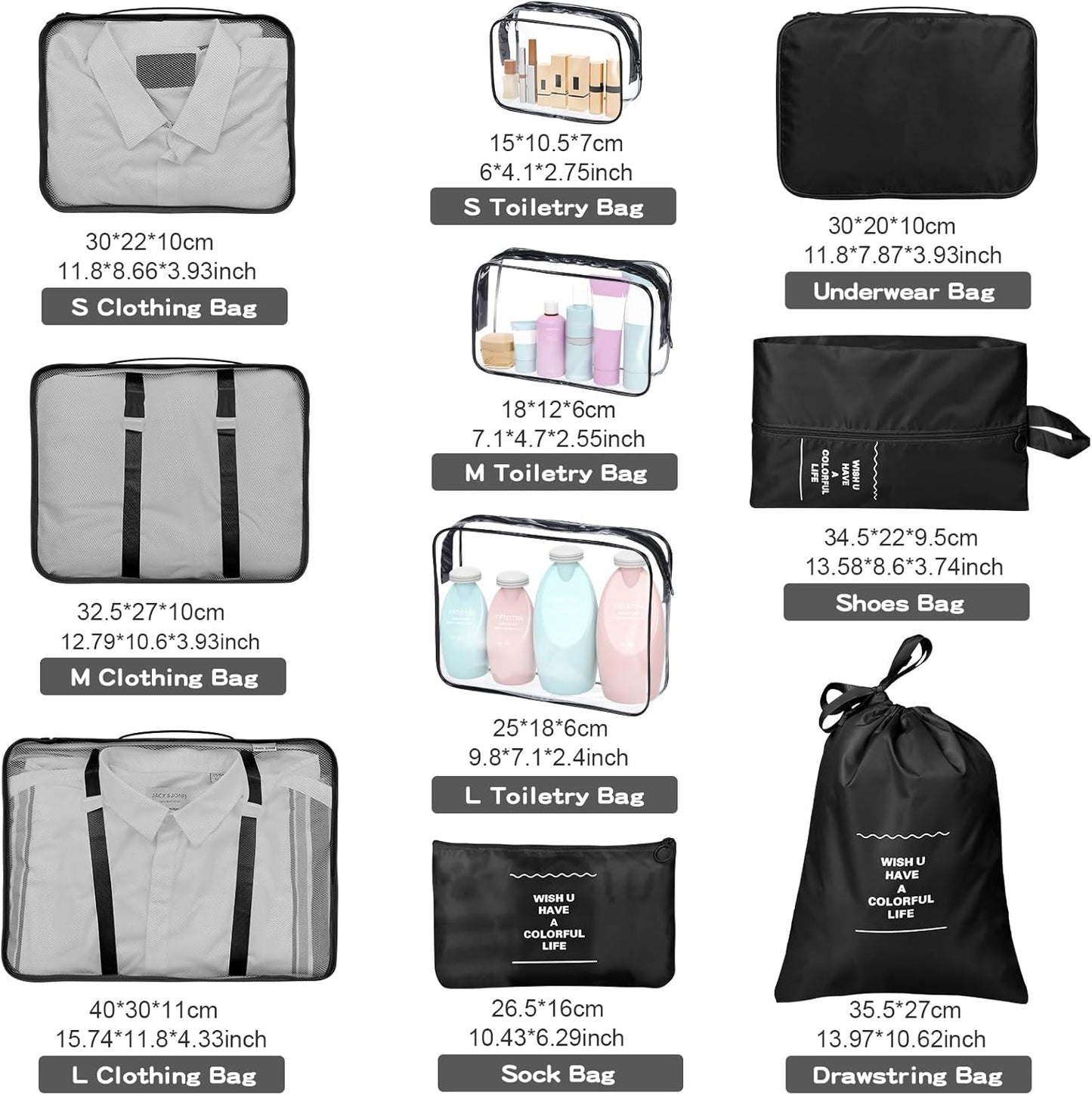 sprecenk Travel Suitcase Organizer 10 Pieces, Large Capacity Travel Organizer Packing Cubes Lightweight Organizer Suitcase Cubes Travel Cube for Clothes Underwear Shoes, Black