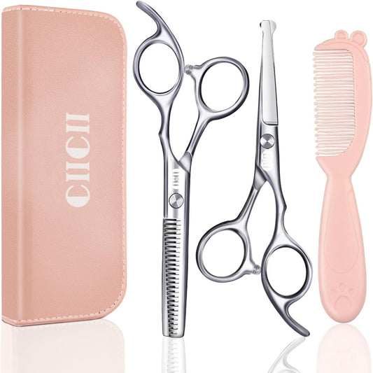 CIICII Kids Hair Cutting Scissors Shears Kit, Safety Round Tip Hairdressing Scissors Set (Hair Trimming Grooming Thinning Shears) for Baby Toddler Children, Hairdresser Home Salon Barber Haircut Kit