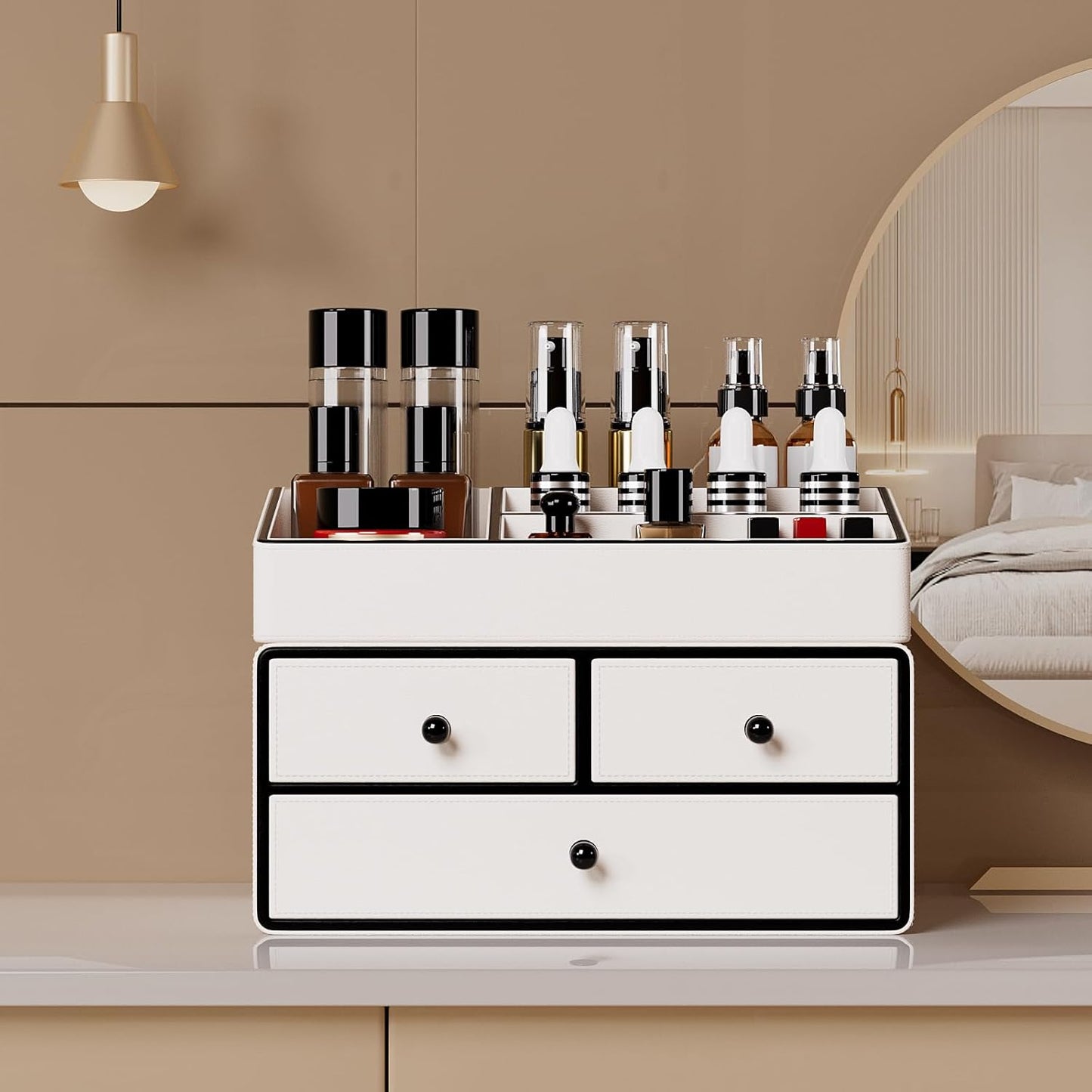 GORESE Cosmetic Organizer, 2 Shelves 3 Drawers Leather Makeup Organizer Make Up Makeup Holder Desk Organizer Bathroom Organizer for Bedroom, Bathroom, Dressing Table(White)