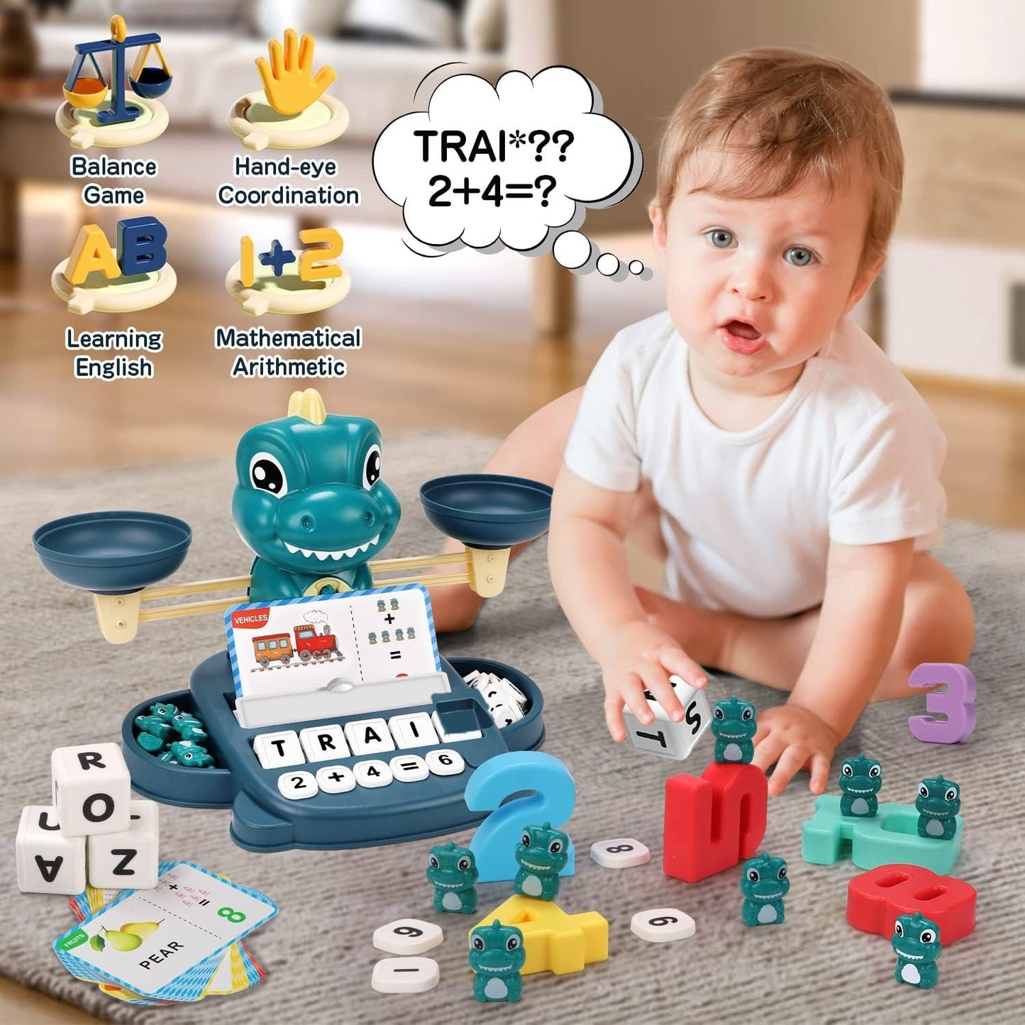 Qizebaby Kids Learning Toy Set for 3 4 5 6 7 8 Year Olds,Dinosaur Balance Counting Math Toy with Matching Letter Spelling Gamesï¼ŒMath & Cards Learning Preschool Educational Gameï¼ŒGift for Boys Girls