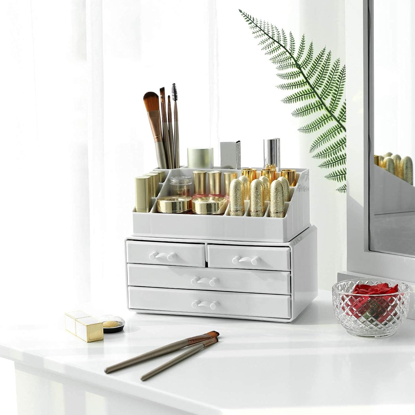 SONGMICS Makeup Organizer, Cosmetic Organizer with 4 Drawers and 16 Compartments of Different Sizes, Non-Slip Mats, for Make Up Accessories and Jewelry, White JKA0010TP