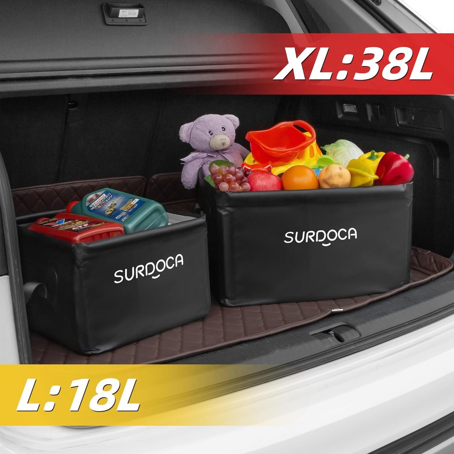 SURDOCA Car Trunk Organizer, Vehicle Back Seat Grocery Storage Box, Collapsible Auto Boot Accessories Organizers with 100% Waterproof PVC Material, Non Slip Bottom for Camping, Travel, Picnic