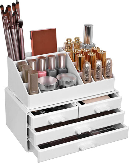 SONGMICS Makeup Organizer, Cosmetic Organizer with 4 Drawers and 16 Compartments of Different Sizes, Non-Slip Mats, for Make Up Accessories and Jewelry, White JKA0010TP
