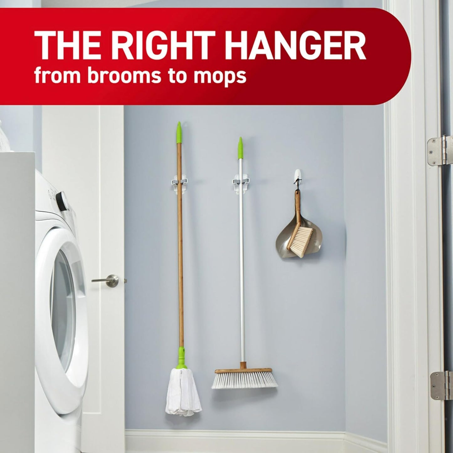 Command Broom and Mop Grippers, 2 Hangers and 4 Command Strips, Damage Free Hanging Wall Mount Broom and Mop Holder, Household Cleaning Organizer for Organization and Storage, Holds up to 4 lb